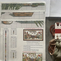 Cross Stitch Garden Birds Gathering Chart Embroidery Pack 14CT Cloth Eco Cotton