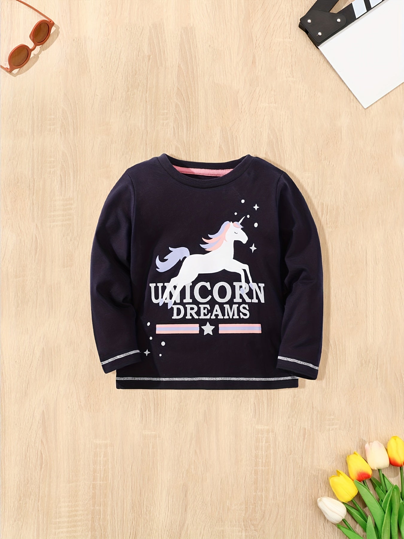 Girls 100% Cotton Unicorn Graphic Long Sleeve T-shirt for Spring Fall
