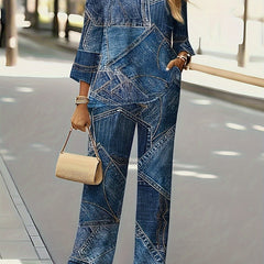 Denim Print Top & Pants Outfit Set
