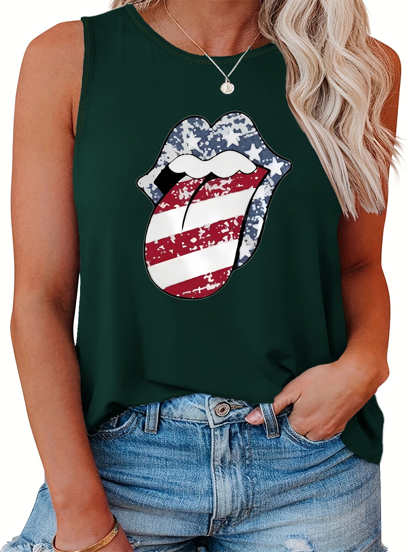 Flag Lip Print Tank Top Round Neck