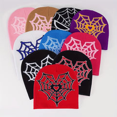Heart Spider Web Beanie Gothic Knit Hat Y2K Skull Cap Warm Elastic Beanies