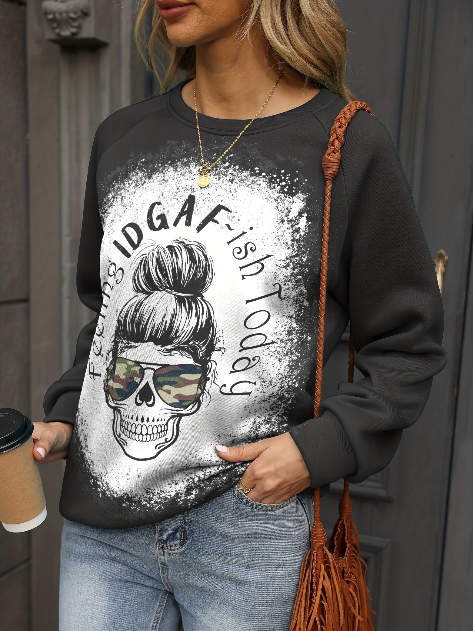 Skull Print Pullover Sweatshirt Crew Neck for Women's Clothing