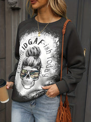 Skull Print Pullover Sweatshirt Crew Neck for Women's Clothing