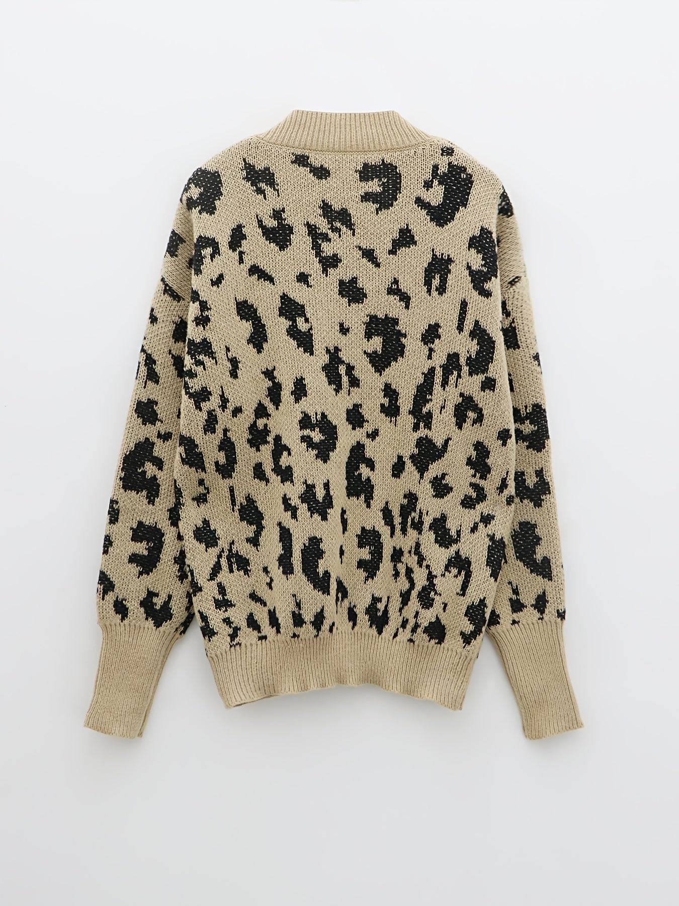 Leopard Pattern Knitted Sweater V Neck Long Sleeve Fall Winter Women's Clothing