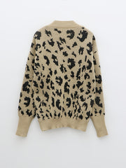 Leopard Pattern Knitted Sweater V Neck Long Sleeve Fall Winter Women's Clothing