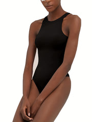 Solid Crew Neck Tank Bodysuit Sleeveless Casual One Piece Bodysuit