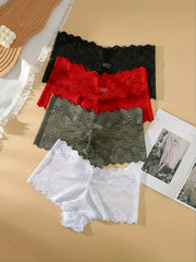 4pcs Lace Boyshort Panties with Scallop Trim Women's Lingerie