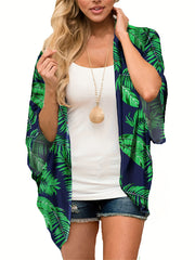 Leaf Print V Neck Loose Fit Beachwear Cover Up Blouse