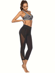 Mesh Lace Trim Skinny Cropped Pants Sports Fitness Yoga Leggings