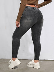 Solid Washed Ripped Button Up Skinny Jeans Plus Size
