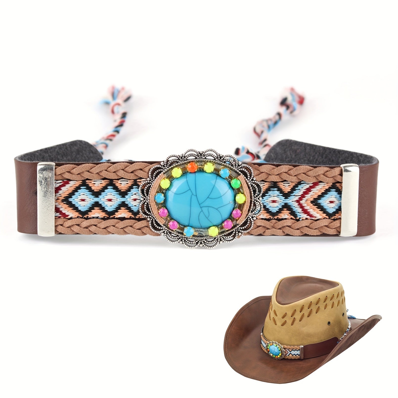 Turquoise Inlaid Hat Band With Bohemian Braided Rope