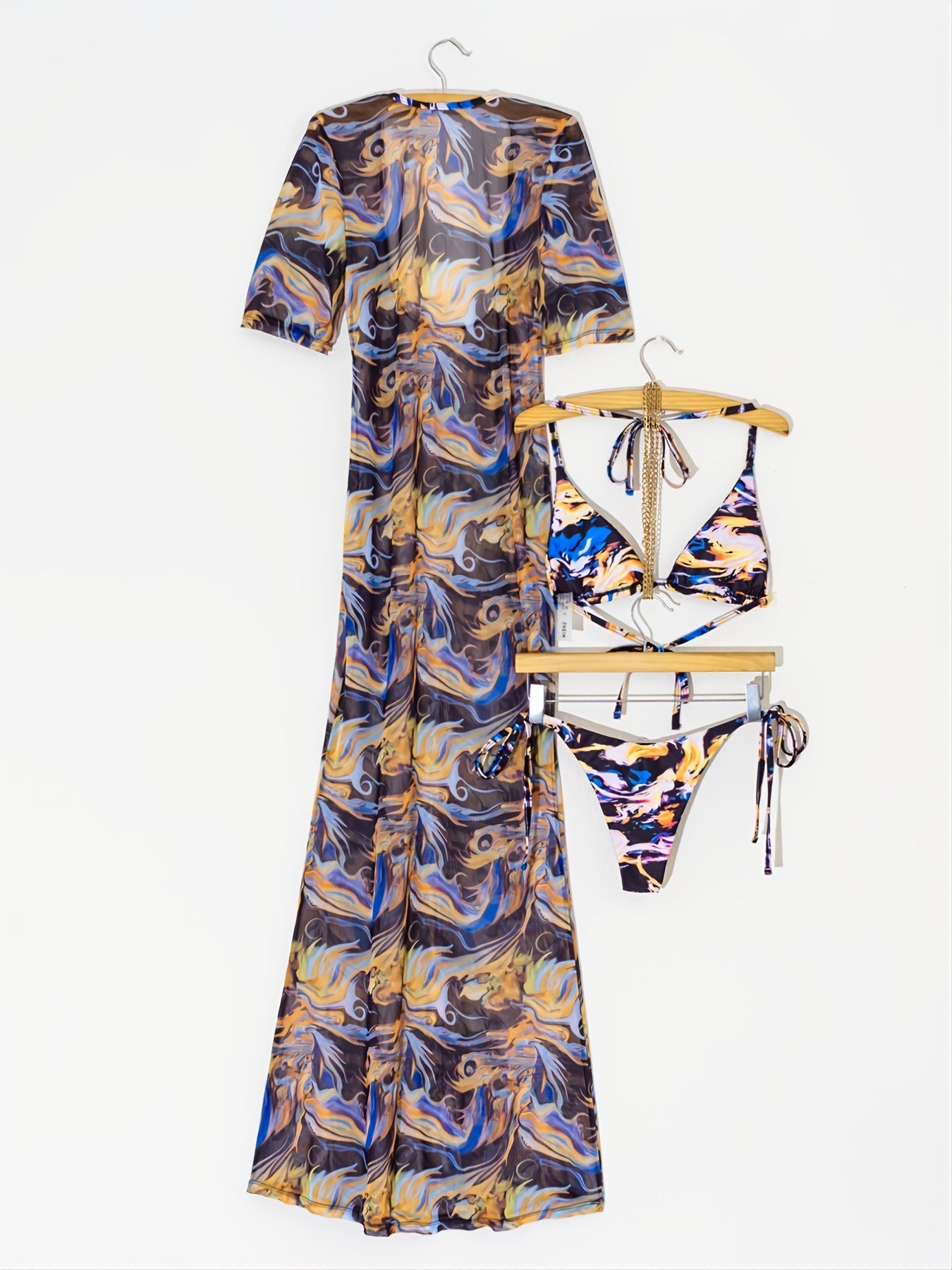 Colorful Splash Print Bikini Set with Sheer Dress
