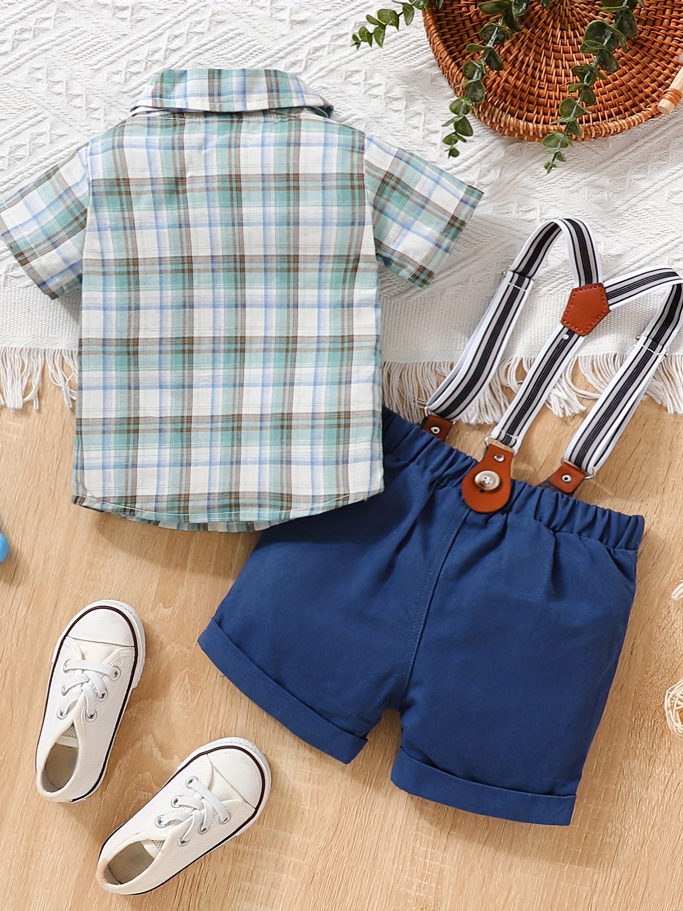 Boy's Plaid Shirt & Short Bi Pants Set Handsome Party Dress Up