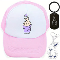 Kpop Baseball Cap & Rabbit Keychain Set - Anime Trucker Hat & Sunshade Dad Hats