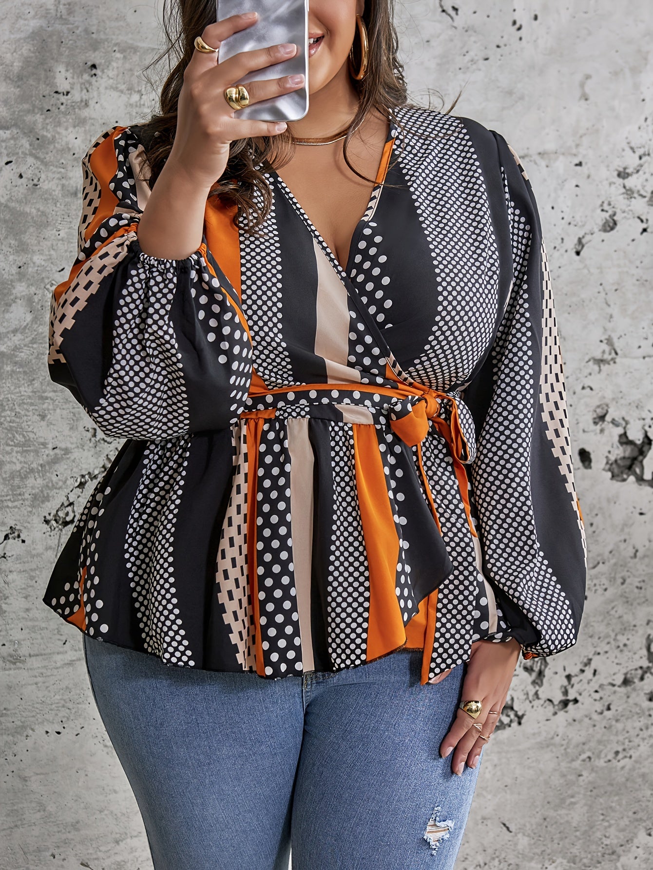 Colorblock Lantern Sleeve Wrap Top With Belt