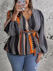 Colorblock Lantern Sleeve Wrap Top With Belt