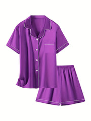 Soft Satin Pajama Set Button Down Top with Shorts