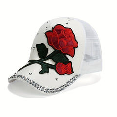 Red Rose Patch Trucker Hat Classic Embroidery Mesh Baseball Cap Rhinestone Decor