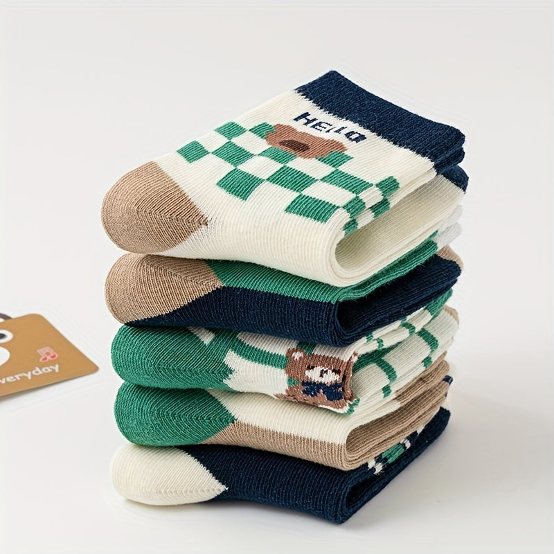 5pairs Boys Kids Crew Socks Cartoon Bear Pattern Socks