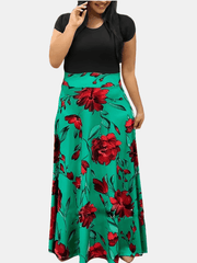 Floral Print Maxi Dress Short Sleeve Round Neck Boho Style