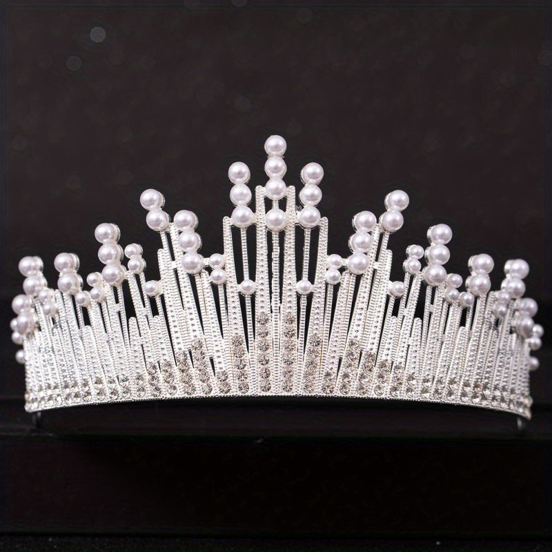 Silvery Crystal Crown Tiara Faux Pearl Rhinestone Wedding Tiaras