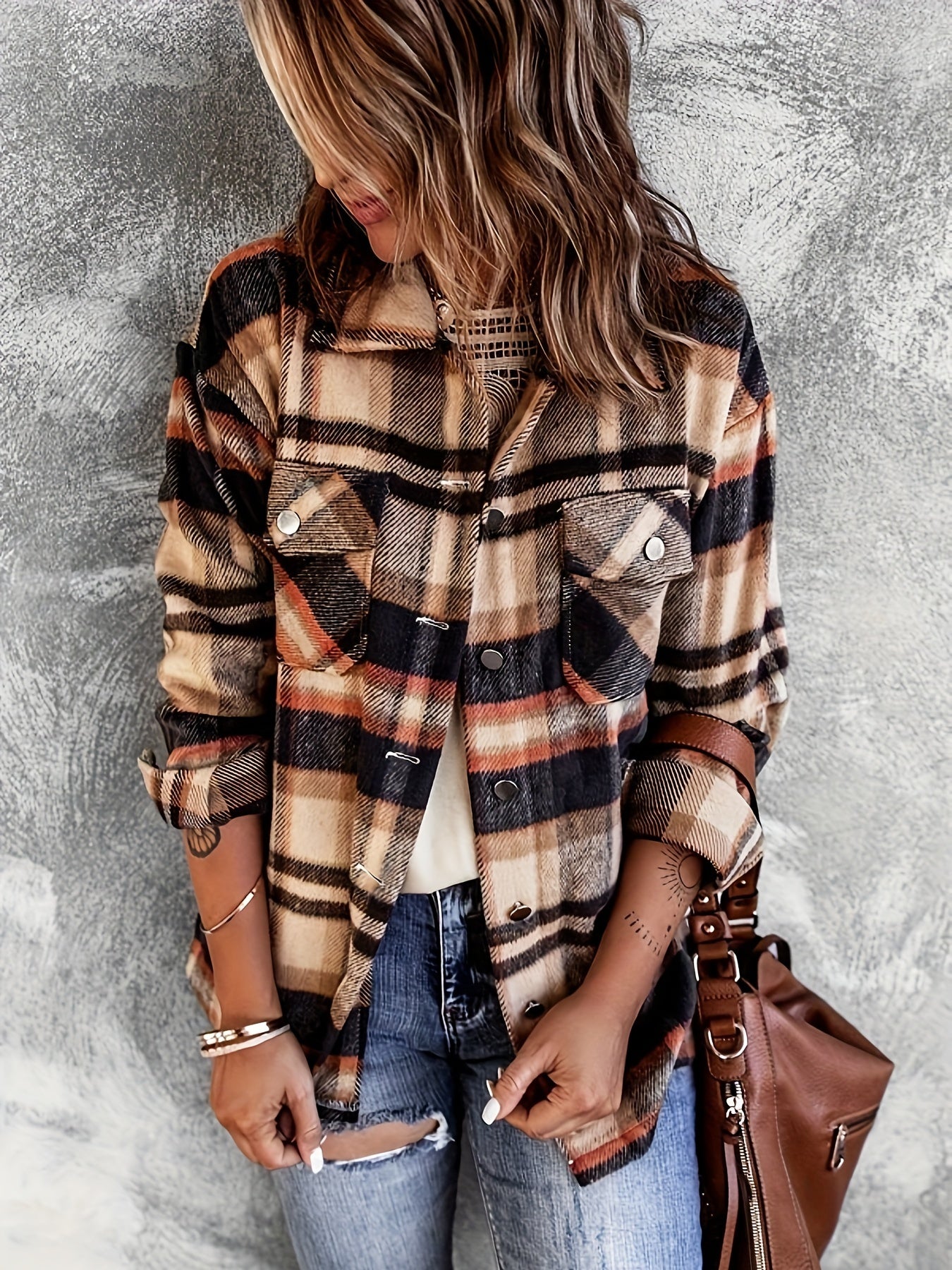 Women's Plus Plaid Print Long Sleeve Button Up Lapel Collar Shirt