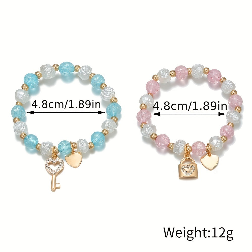 2PCS Children's Heart Pendant Bracelet Flower Beaded Elastic Accessory