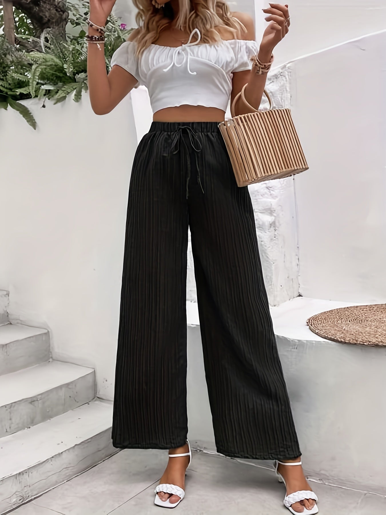 Solid Textured Wide Leg Pants Elastic Waist Tied Pants