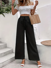 Solid Textured Wide Leg Pants Elastic Waist Tied Pants