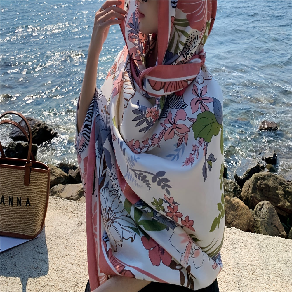 Pink Flower Print Scarf Oversized Windproof Shawl Sunscreen Head Wrap