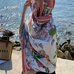 Pink Flower Print Scarf Oversized Windproof Shawl Sunscreen Head Wrap