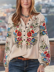 Floral Embroidered Lantern Sleeve Polo Neck Top