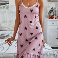 Heart Print Slip Nightdress Lace Trim Round Neck Ruffle Sleep Dress Women's Slee