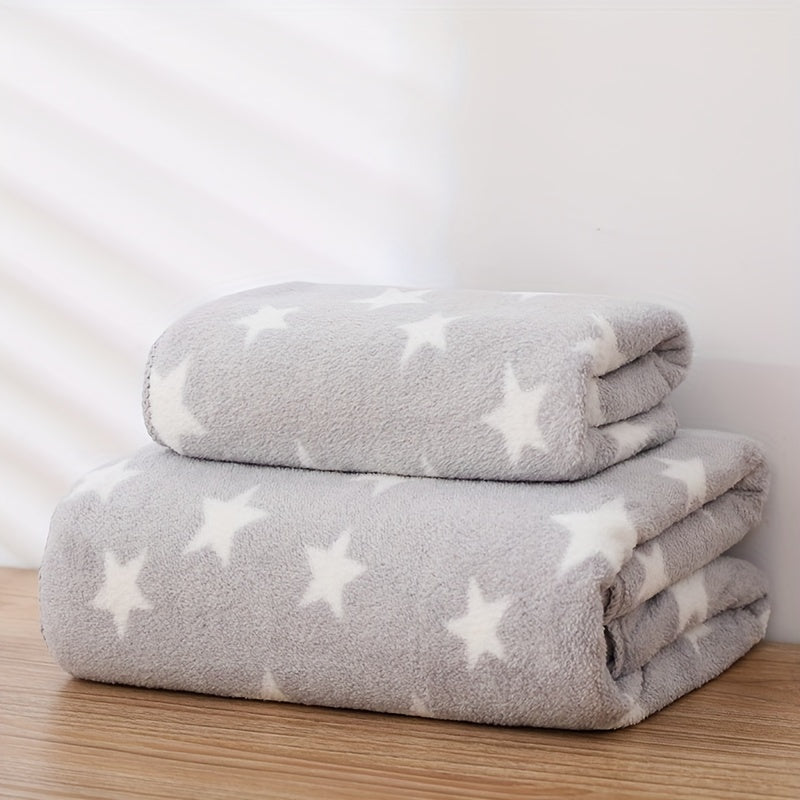 2pcs Star Pattern Bath and Hand Towel Set Absorbent Coral Fleece Towels