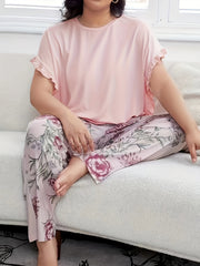 Pajama Set Short Sleeve Tee & Floral Print Pants Two Piece