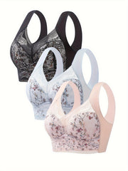 3pcs Floral Lace Wireless Bras Women's Lingerie