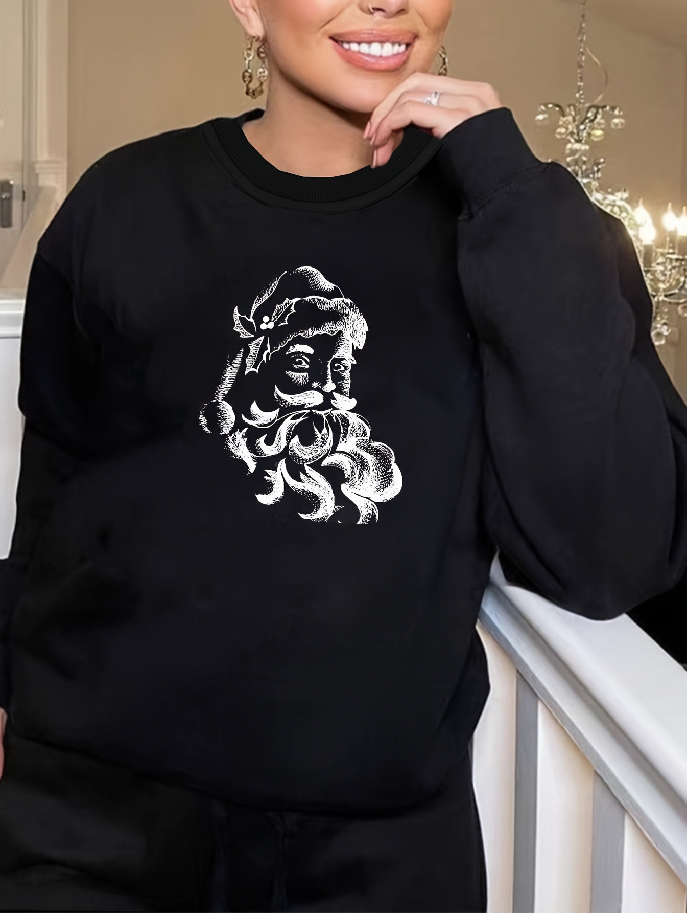 Christmas Lounge Top Women's Plus Santa Claus Print Long Sleeve