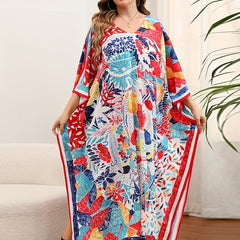 Boho Cover Up Women's Plus Tribal Print Bat Sleeve V Neck