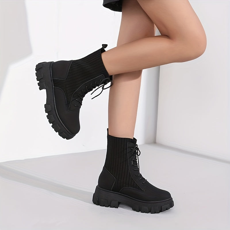 Women's Lace Up Combat Boots Solid Round Toe Platform Slim Elastic Shoes