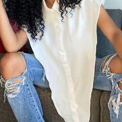 Sexy Blouse Solid Button Up Cap Sleeve Split Side Blouse