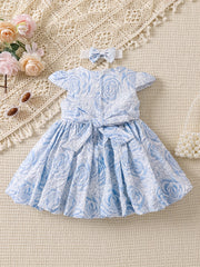 Sweet Girls Floral Graphic Pleated Puffy Dress Baby Casual Dress