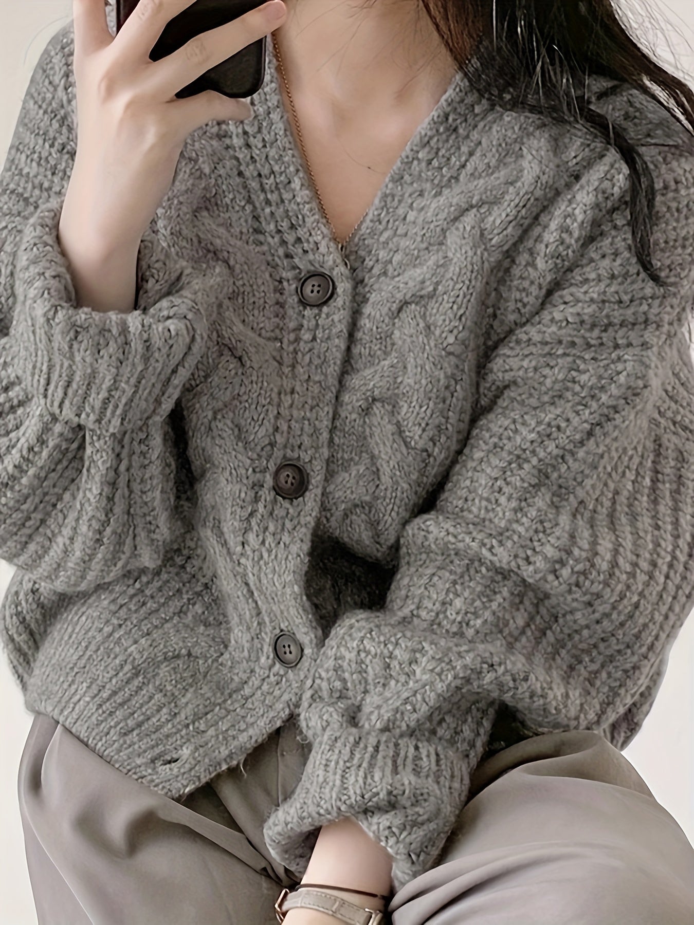 Chunky Knit Cardigan Long Sleeve Vintage Style Fall Winter Women's Clothing