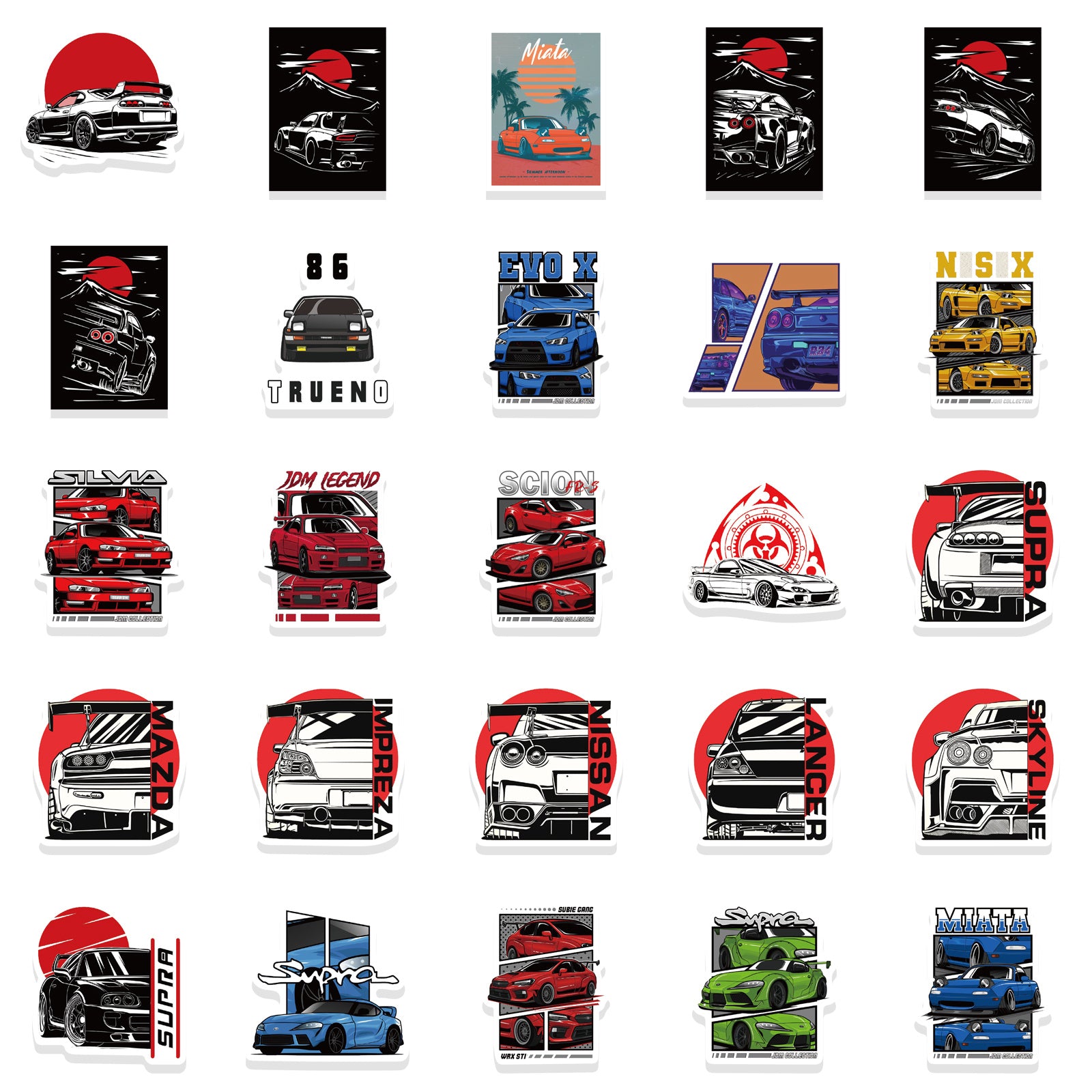 50pcs JDM Cartoon Car Stickers for Water Bottles Laptops Phone Cases
