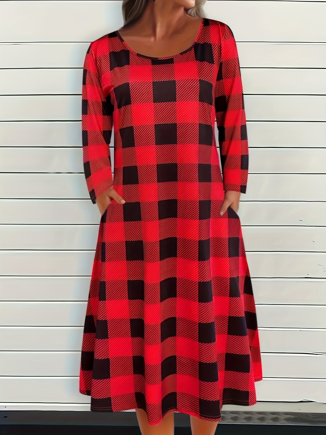 Women's Plus Gingham Print Long Sleeve Dress w/ Pockets