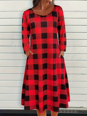 Women's Plus Gingham Print Long Sleeve Dress w/ Pockets