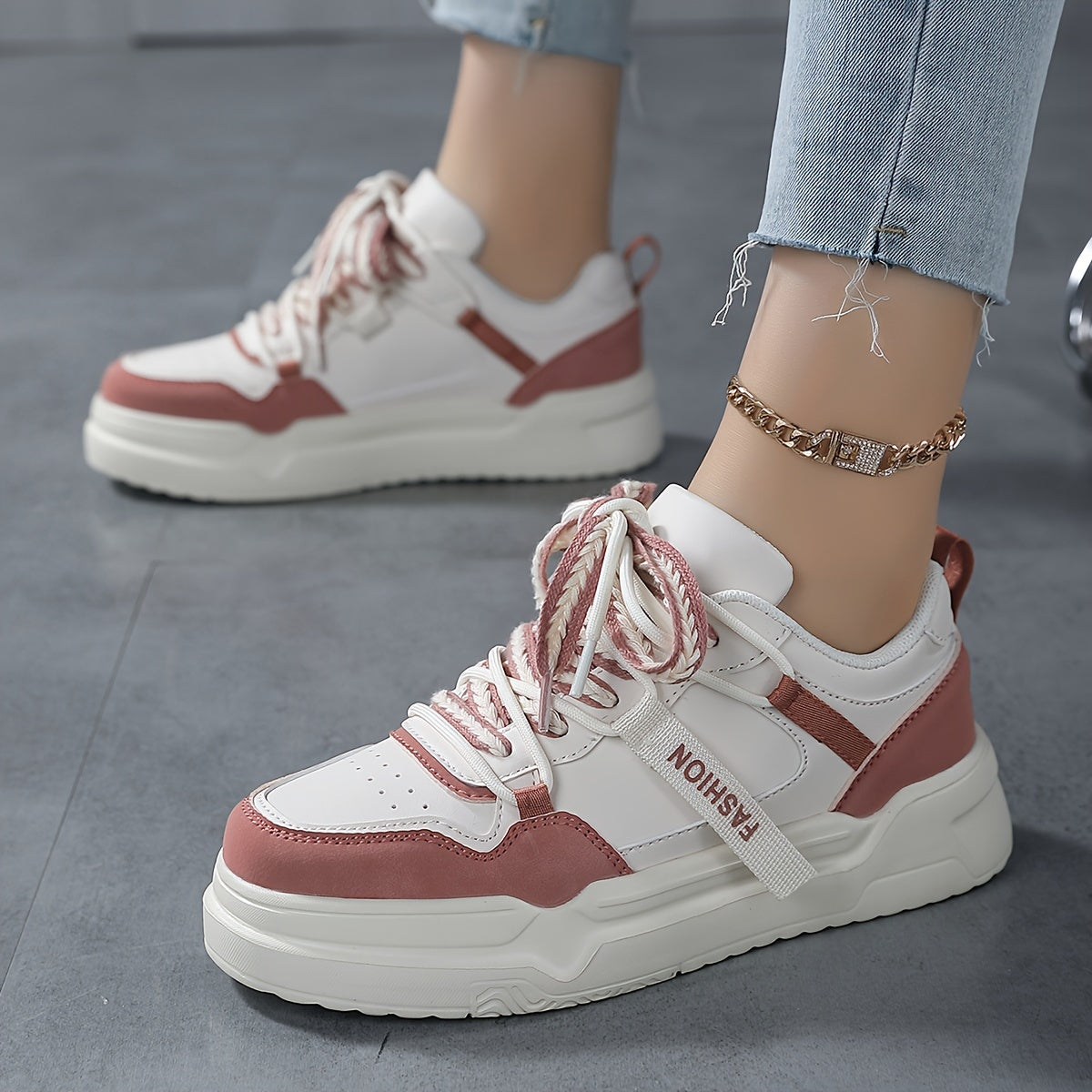Women's Block Faux Leather Chunky Sneakers for Outdoor Sports