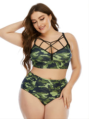 Camo Criss Cross Bikini Set Women's Plus High Waist Push Up Swimsuit
