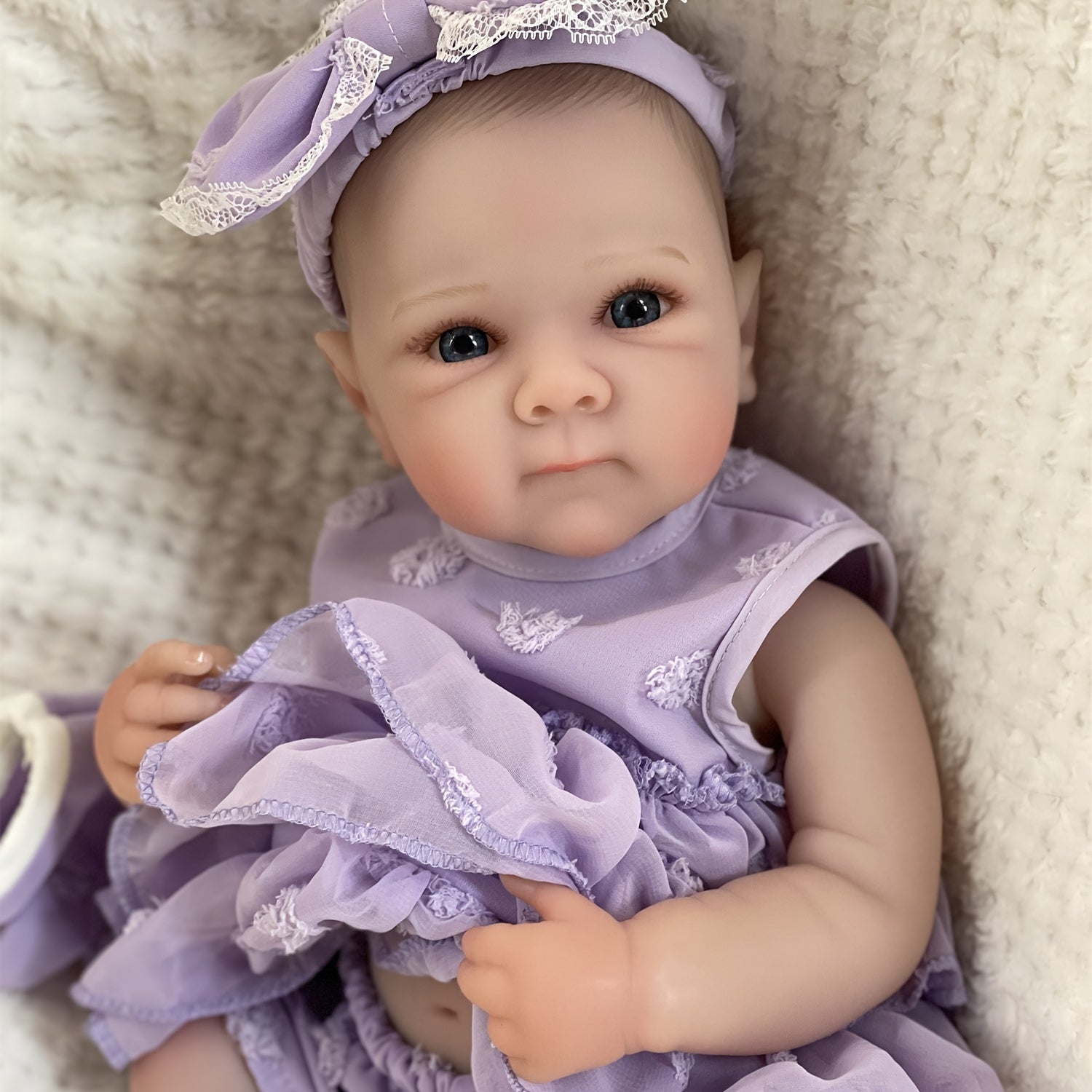 Open Eyes Bettie Full Body Vinyl Girl Doll with Painted Hair in Purple Dress