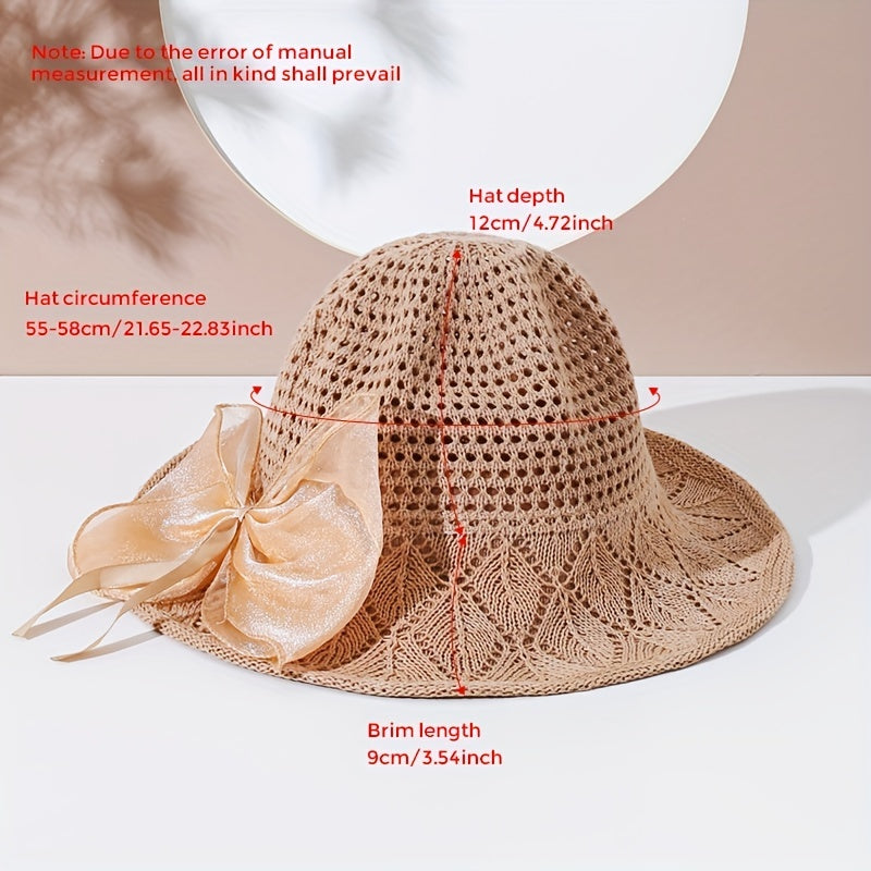 Khaki Hollow Out Sun Hat Ribbon Bowknot Summer Bucket Hat