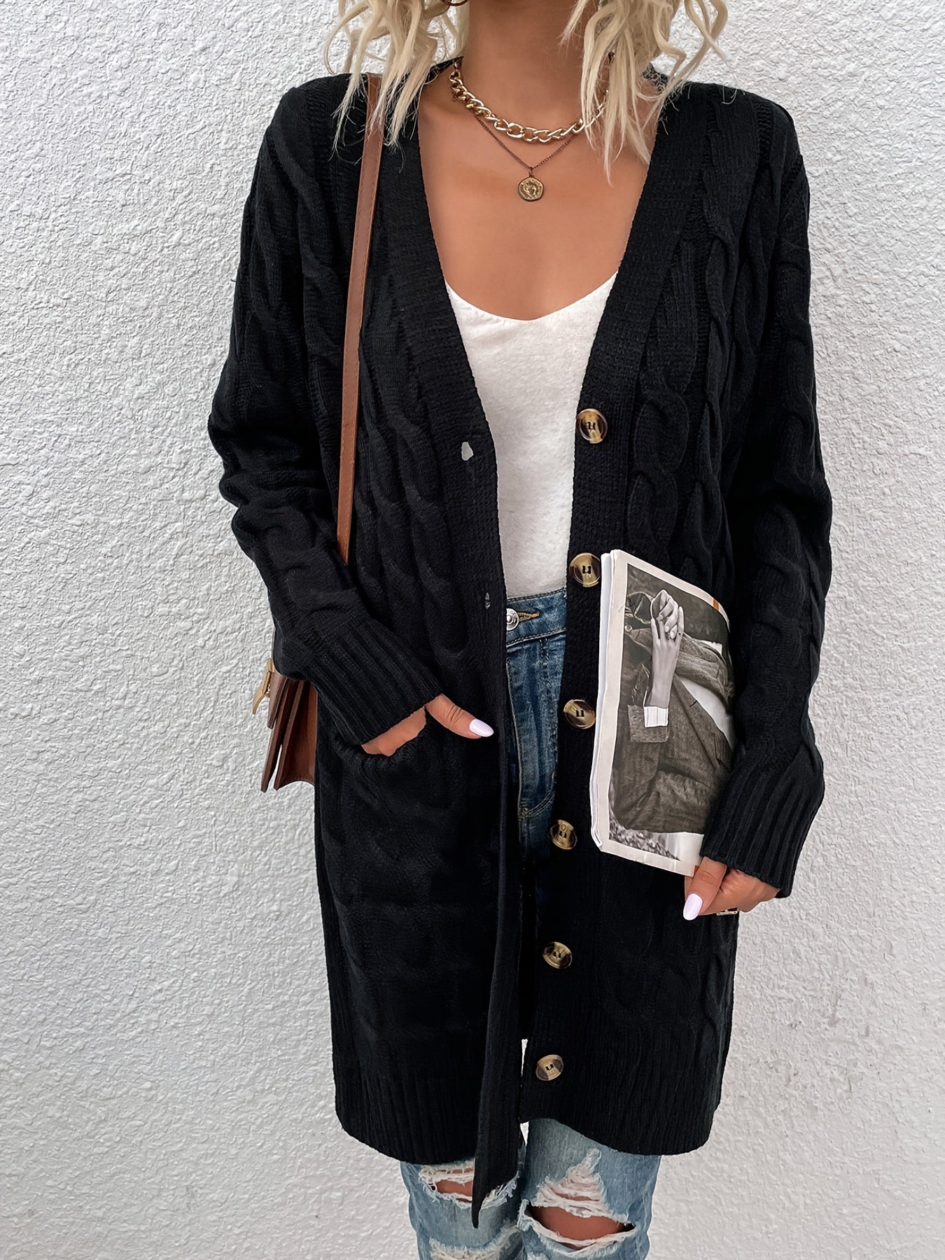 Button Up Pocket Cardigan Long Sleeve Mid Length Cardigan